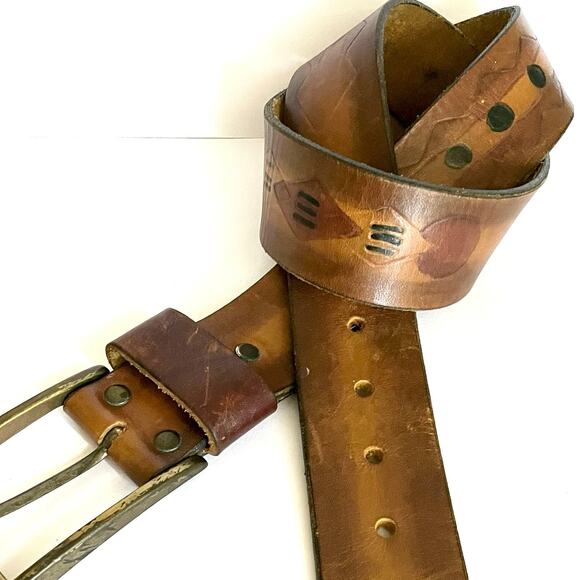 Vintage Tooled Leather Belt Painted Native Geometric Symbol Western Brass Buckle main image 5